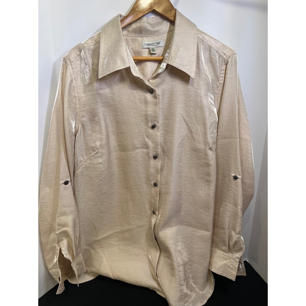 Coldwater Creek Champagne Shimmer Button Down Blouse Roll Tab Sleeve 2X H52410